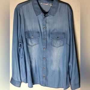 Soft Surroundings beaded denim lightweight button down shirt w/ beaded stars XL